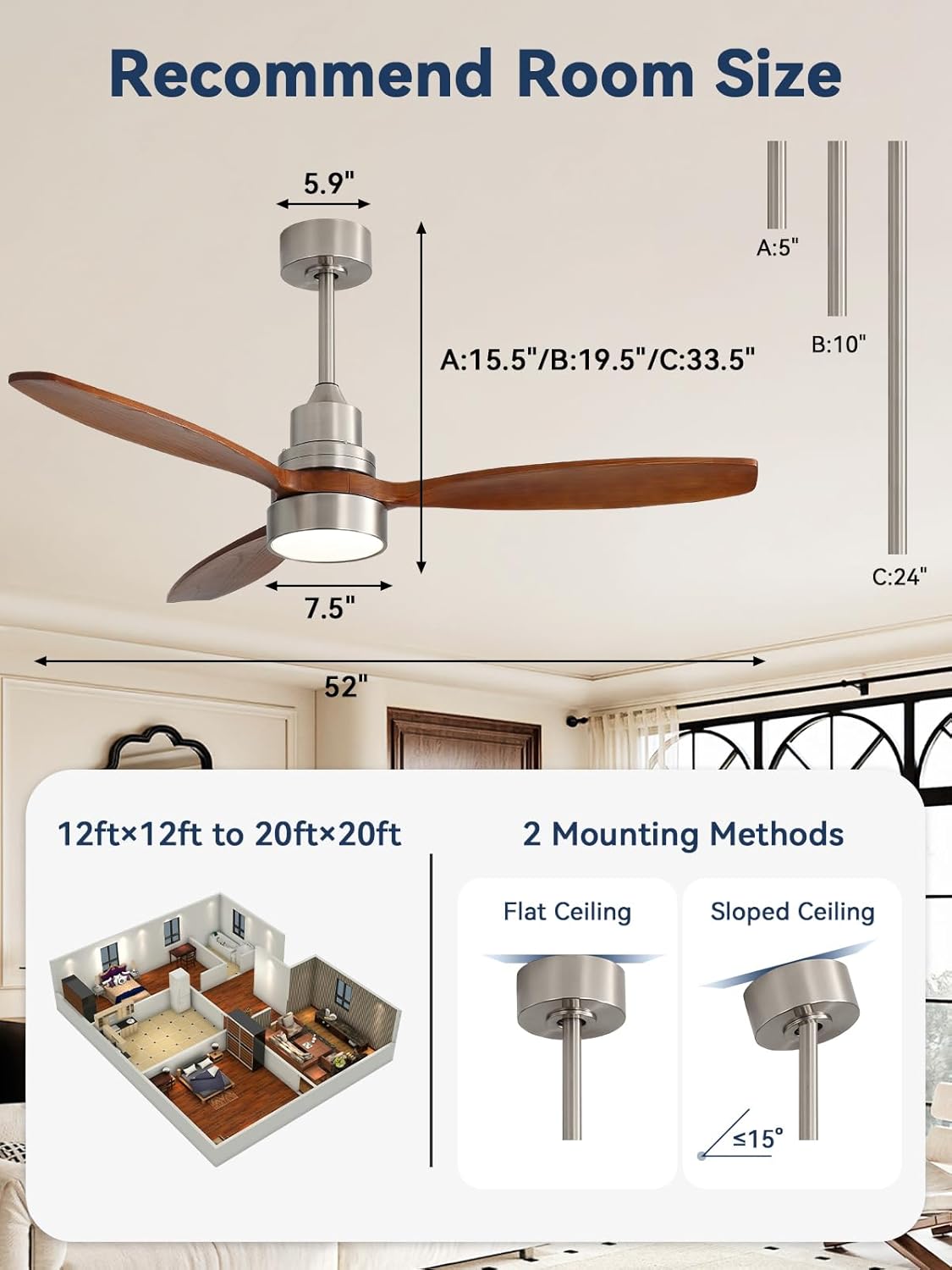 Sofucor 52 Inch Solid Wood Smart Ceiling Fans with Lights and Remote, Works with App/Alexa/Google, 6-Speed Outdoor Ceiling Fan with Light, 3 Blade Ceiling Fan, Quiet DC Motor for Living Room Patio