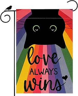 Love Always Wins Cat Rainbow Pride LGBTQ Garden Flag Inclusion Diversity Lesbian Gay Bisexual Transgender Equality Yard Flag 12x18 Inch Double Sided Small Mini Yard Outdoor Outside Decoration