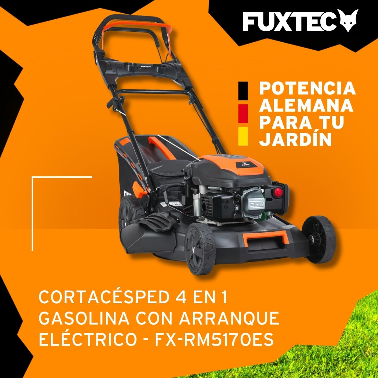 FUXTEC Cortacésped autopropulsado de Gasolina con Arranque eléctrico FX-RM5170eS 4en1-170 cm3 4CV, 4 Tiempos, Ancho de Corte 51 cm, Alto de Corte 7 Pos. 60L, Función Mulching & Descarga Lateral