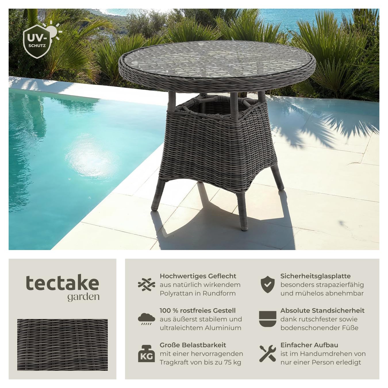 tectake 800817 Alu Gartentisch mit hochwertigem Polyrattan Geflecht, Tischplatte aus Sicherheitsglas, Outdoor Beistelltisch für Garten, Terrasse und Balkon, rund (Grau | Nr. 403680)