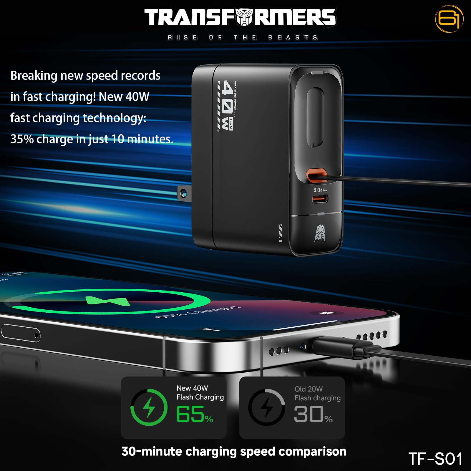 Transformers StarSaber TF-S01 - Cargador rápido USB-C de 40 W GaN con cable retráctil de 32 pulgadas, cargador de pared compacto dual USB-C (20 W + 12 W) para iPhone, Samsung, Google Pixel, iPad AC