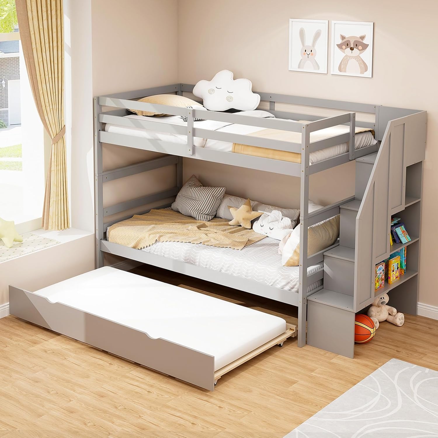 (Incomplete) (similar to stock photos) KOMFOTT Wood Twin Over Twin Bunk Bed with Trundle & Storage Stairs, Bunk Bed Frame with Protective Guardrails for Kids Room, Bedroom, Convertible to 2 Separated Beds, No Box Spring Needed (Grey) Twin Over Twin with Trundle Grey