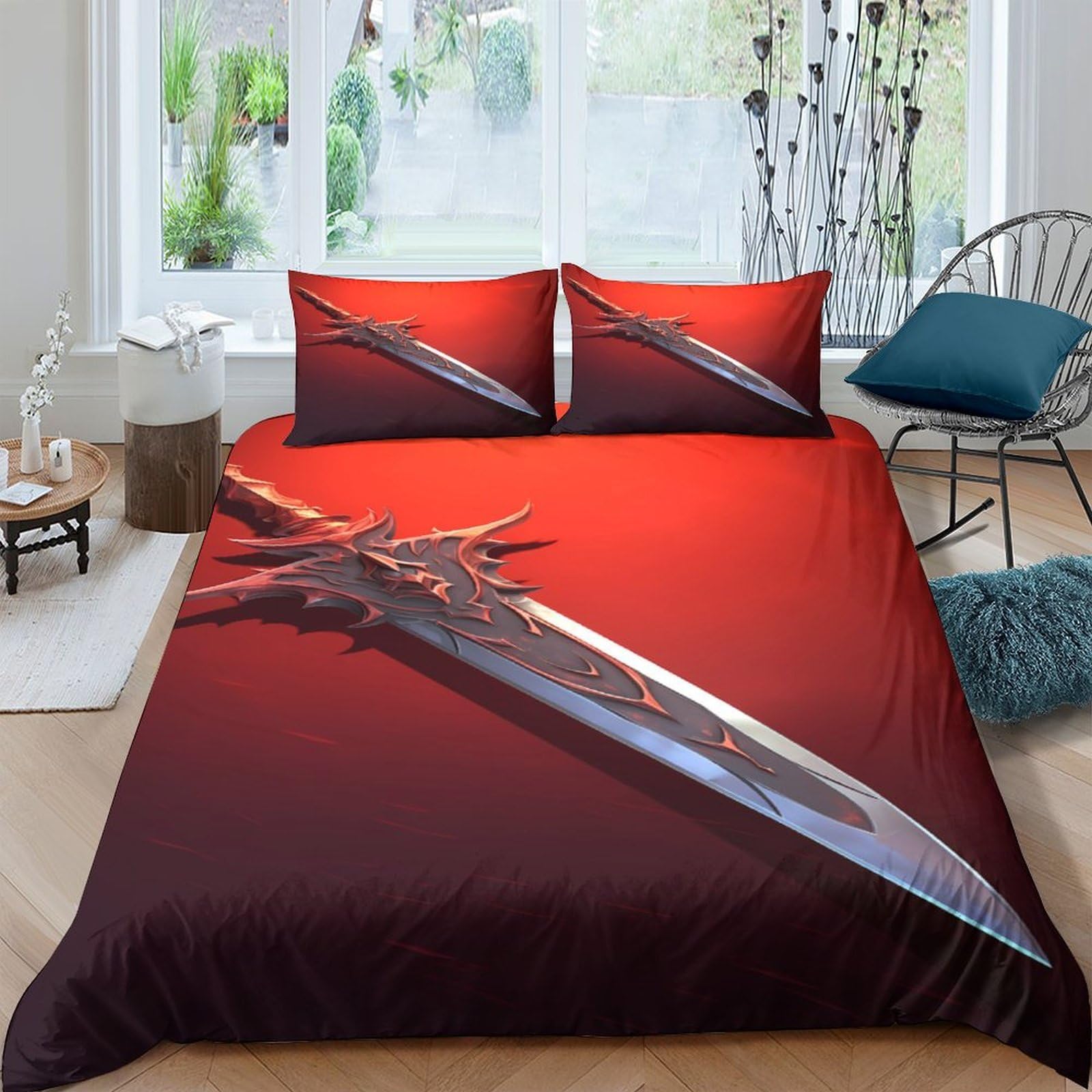 Ctjqhvkz Style-3 3D Printed Sword Fantasy Fitted Sheet Microfiber Red Black Bedroom Decor Medieval Blade Mattress Cover Single（135X200cm）