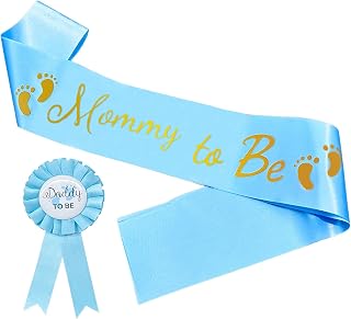 2 Pcs Mommy to Be Sash & Daddy to Be Badge, Blue Satin Sash Set for Baby Shower Decorations, Mom to Be Silky Sashes for Gender Reveal Party
