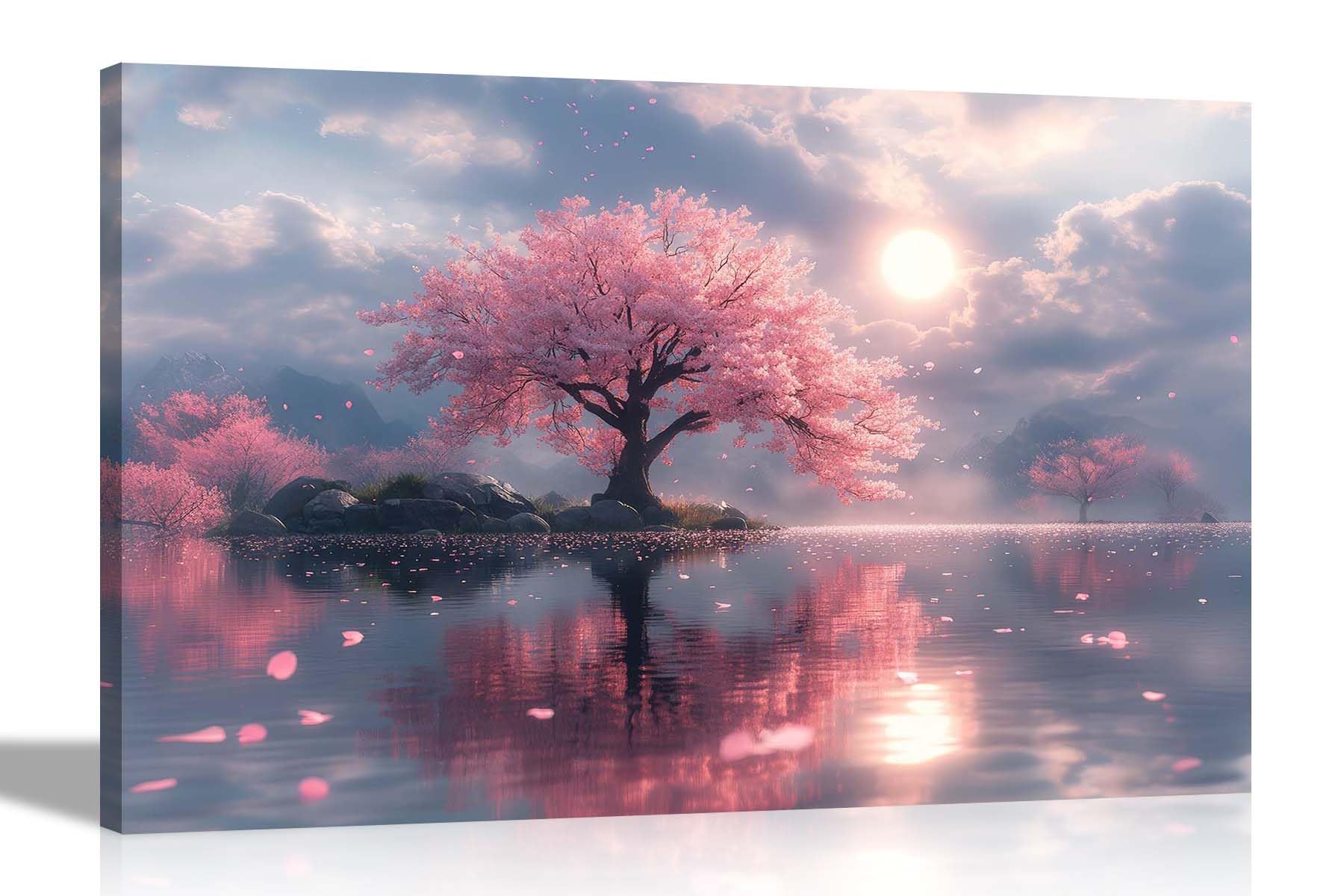 Artley Prints Sunset Cloudy Lake - Cloudy Lake View Pink Cherry Tree Sunset Canvas Prints Wall Art Pictures For Home Living Room Bar Bedroom Hallway 60 X 40Cm (24 X 16 Inches) A2