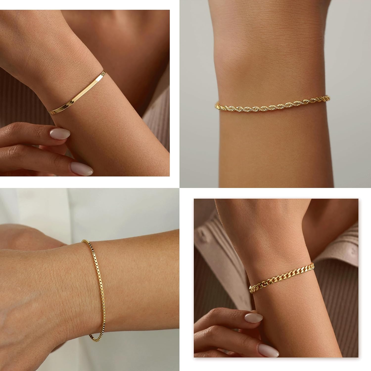 Gold Stack Bracelets for Women Non Tarnish, 14K Gold Plated Chain Bracelets Set for Women, Dainty Trendy Thin Waterproof Cuban Link Box Bracelet Pack for Jewelry Gifts - Image 4