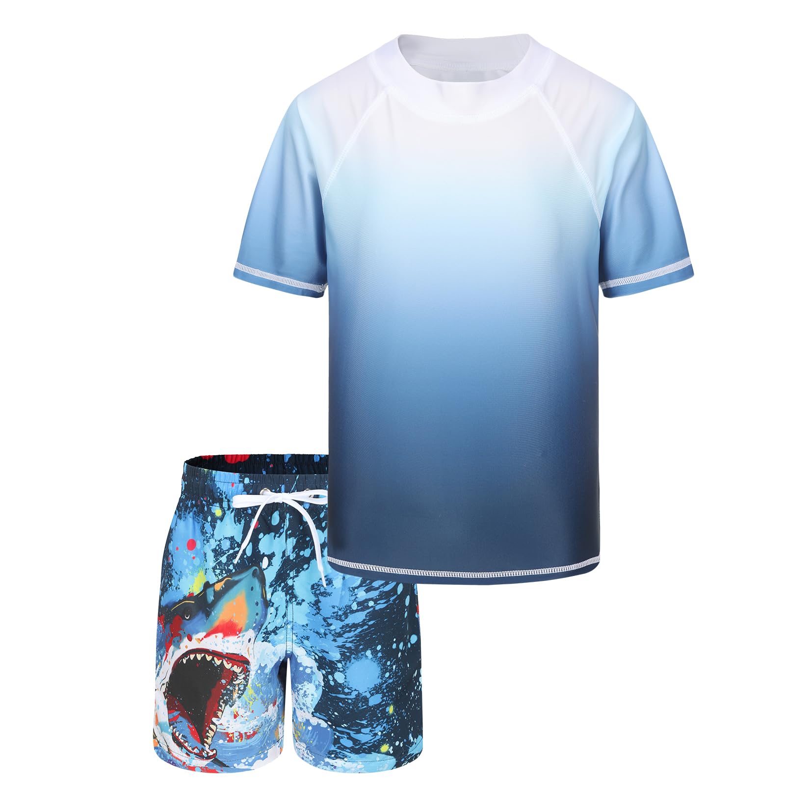 Maillot de Bain Garcon 2 pièces t Shirt Anti UV Enfant à Manches Courtes Haut de Bain UV Garcon Short de Bain Garcon Enfant pour Surf Natation Piscine Plage 4-16 Ans