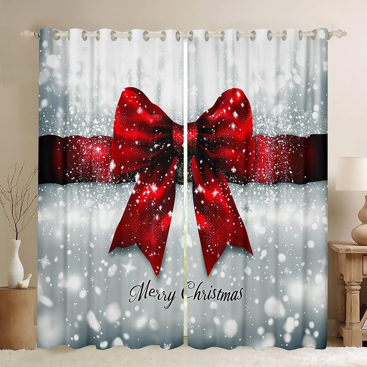 Manfei Bow Tie Kids Blackout Curtain,Snowflake Merry Christmas Nursery Bedroom Playroom Decor,Fantasy Happy New Year Window Drapes,Gray Red 2 Panels,46Wx54L inch