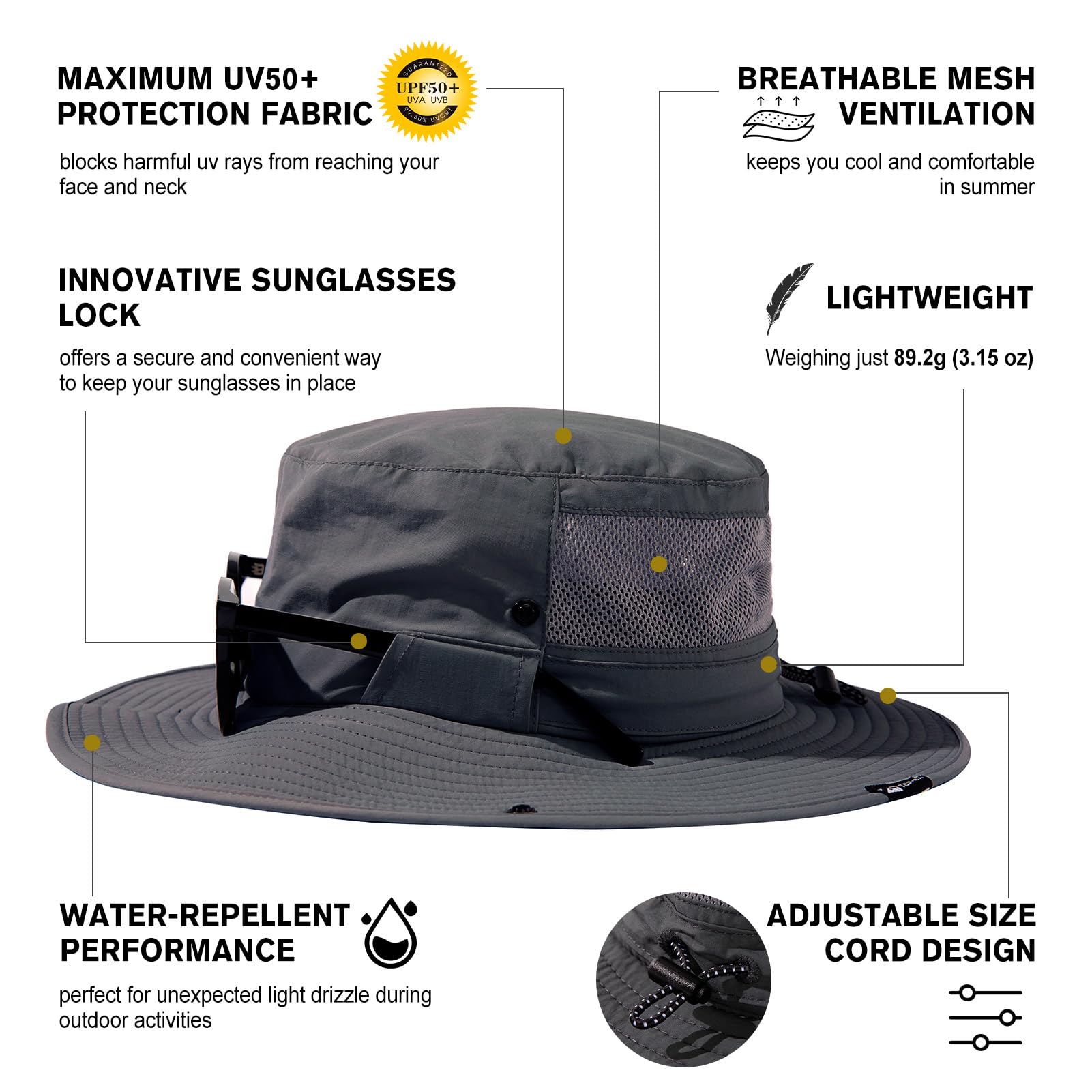 TOP-EX L/XL/XXL UV50+ - Sombrero de sol impermeable de ala ancha para pesca de verano, senderismo, con correa desmontable y malla ventilada