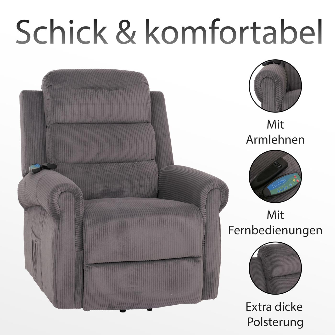 Mendler Fernsehsessel HWC-K63, Relaxsessel, Liegefunktion Aufstehhilfe Massage Heizfunktion, Stoff (220g/m²) Cord - hellgrau
