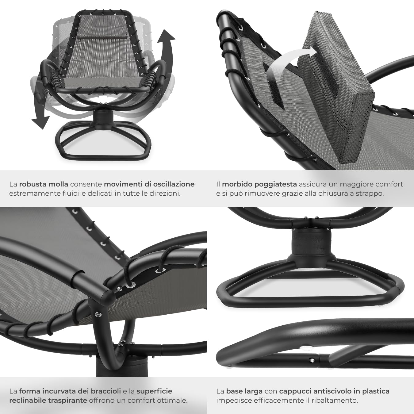 tectake® lettino prendisole ergonomico da giardino, sedia a sdraio reclinabile, poltrona a dondolo da esterno, lettino relax con poggiatesta, textilene traspirante, terrazzo, balcone - Grigio