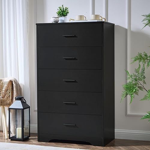 LIDYUK Cómoda negra para dormitorio, 5 cajones y cómodas, cómoda de madera moderna, cómoda de 47 pulgadas de altura para dormitorio, pasillo, sala