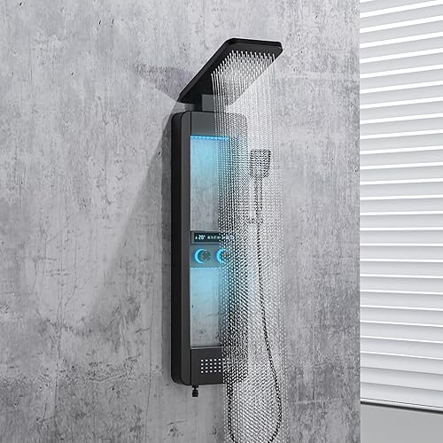 ELLO&ALLO LED Shower Panel Tower System with Shelf, Rainfall Shower