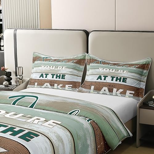 Miniatura 4 de jejeloiu Juego de funda de edredón de 100 % algodón, diseño de reglas del lago, decoración de casa de lago, color verde, tamaño King