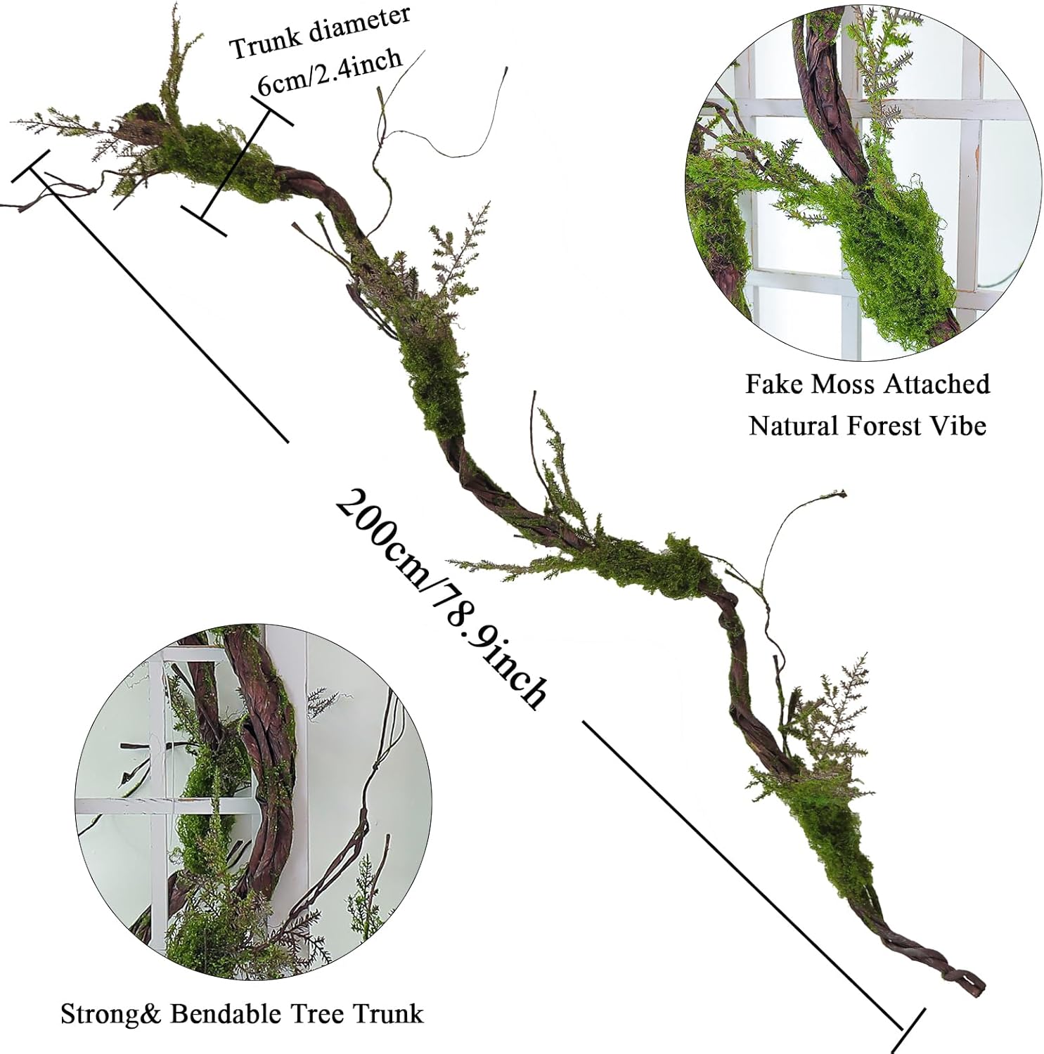 1Pcs 78.9inch Large Bendable Artificial Craft Moss Garland Faux Tall Tree Trunk Branches Grape Vines for Halloween Haunted Mansion Wedding Arch Room Outdoor Mantel Wall Hanging Forest Greenery Decor - Image 3