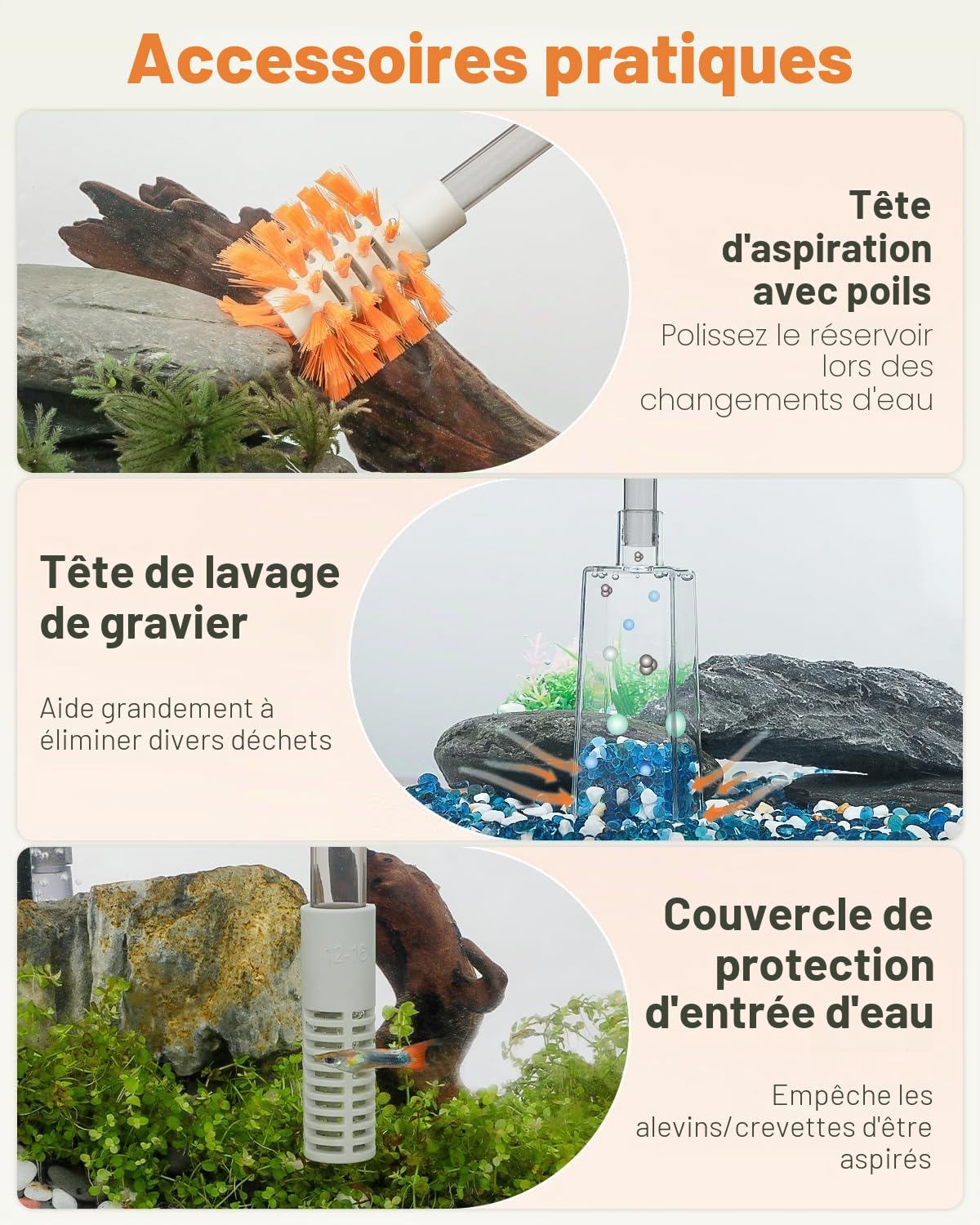Pawfly Kit de changement d'eau d'aquarium 3 en 1 avec tuyau de 2 m de long et tube extensible - Outil de nettoyage manuel pour changement d'eau, lavage et entretien du sable