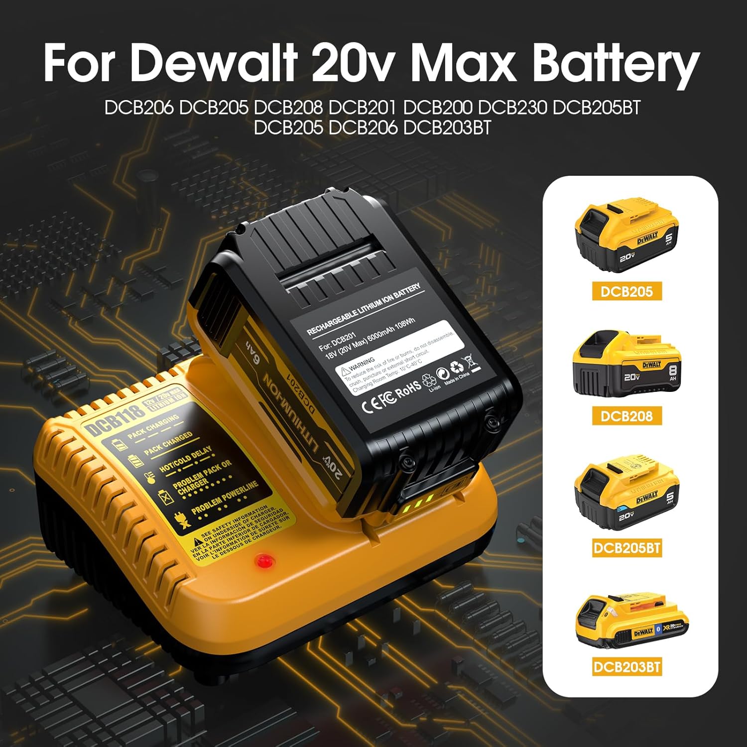 Upgraded 2 Pack 20v Max 6.0mAh Replace Battery for Dewalt, DCB200 DCB201 Replacement Battery with DCB201 Battery Charger Station