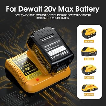 Upgraded 2 Pack 20v Max 6.0mAh Replace Battery for DE-Walt, DCB200 DCB201 Replacement Battery with DCB201 Battery Charger Station