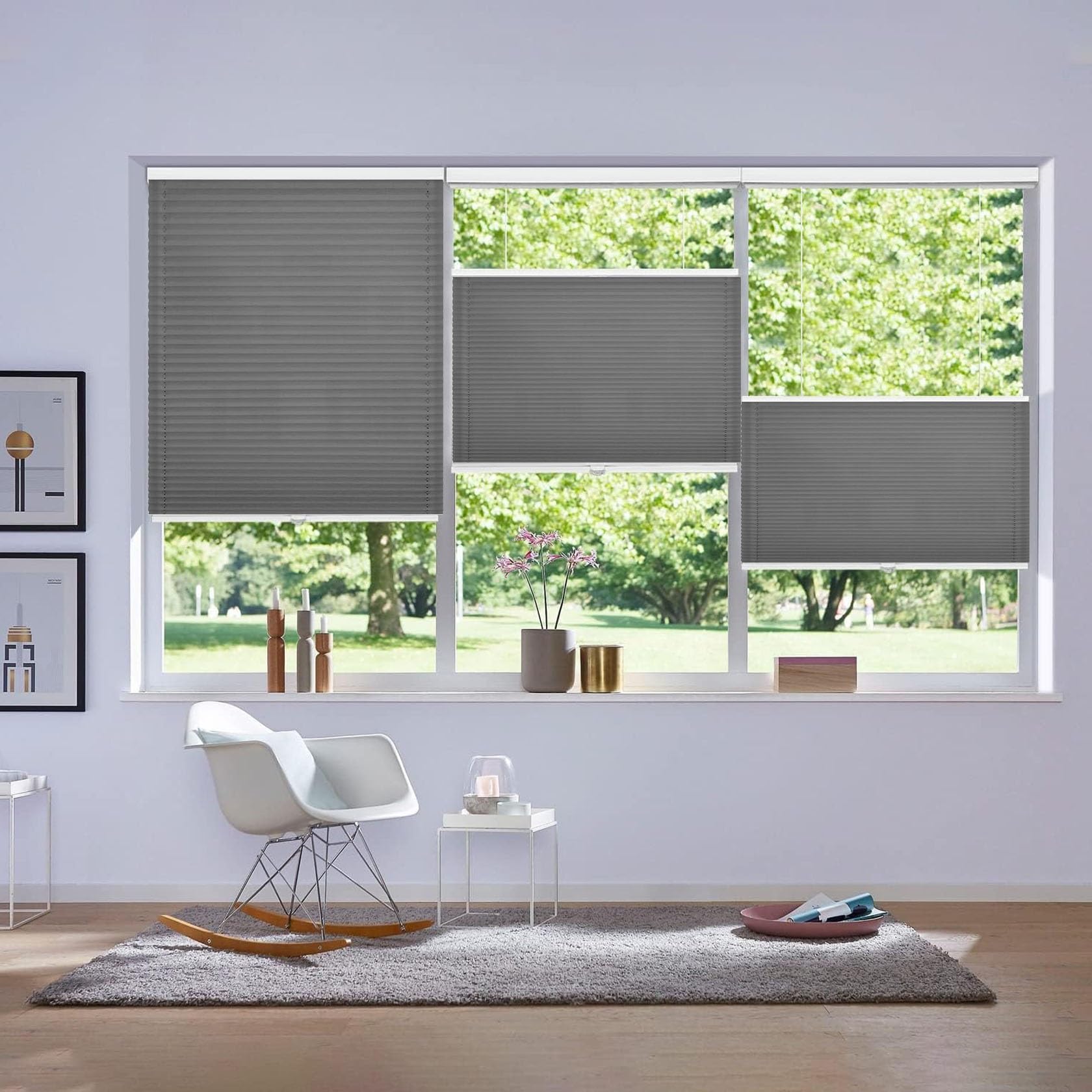 Pleated Blind Klemmfix No Drilling 105 x 130 cm Instant Stick on Light Filtering Privacy Roller Blinds Easy-to-Hang for Bedroom Kitchen Bathroom Windows, Dark Grey — image 1