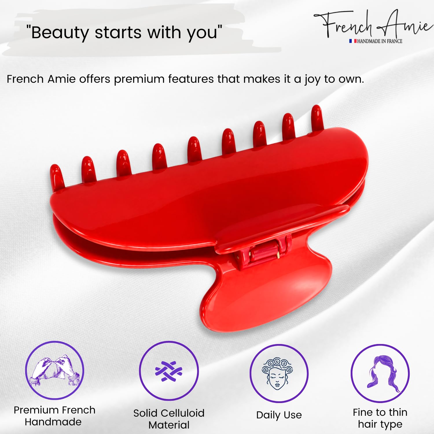 French Amie Large Hair Claw Clip for Women – 4.25" Handmade Cellulose Acetate Jaw Clamp | Interlocking Grip | Covered Metal Spring | Hair Accessories for Thick Hair (Red)