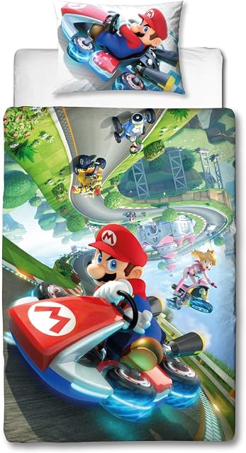 Super Mario Nintendo Kart Single Duvet Cover | Officially Licensed Reversible Two Sided Gravity Design with Matching Pillowcase