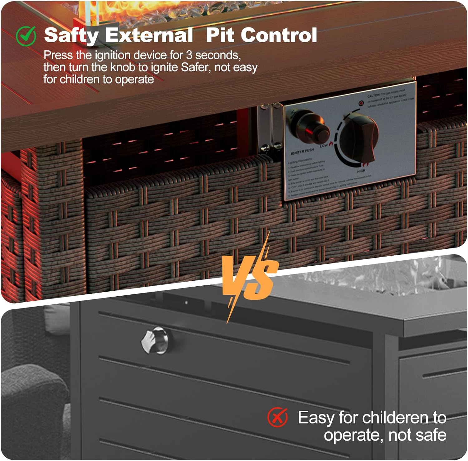 ABCASA Rectangular Propane Fire Pit Table Outdoor, CSA Certified 44" 60000BTU Heat Output Auto-Ignition Fire Pits Table with Wind Guard Weather-Resistant Wicker Fire Table for Porch Garden Grey