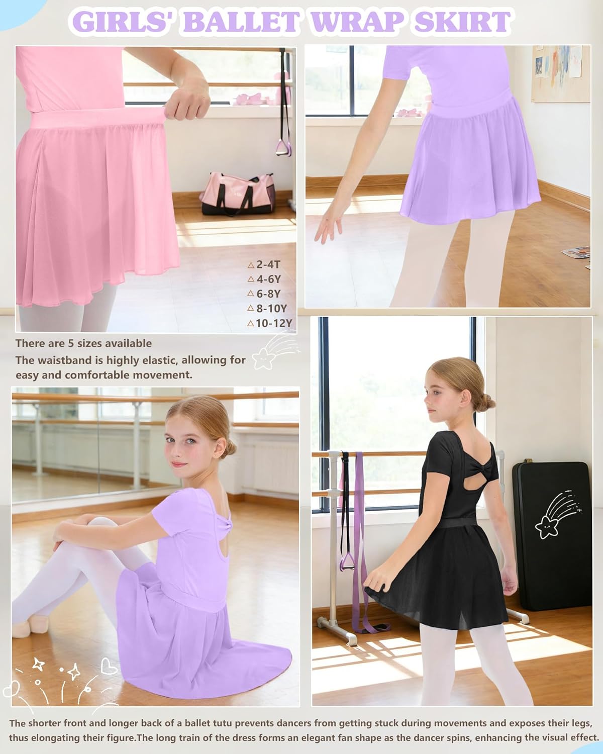 3 Pack Girls' Ballet Skirts Dance Wrap Toddler Kids Ballerina Chiffon Elastic Waist Dancewear for 2-12 Years - Image 6