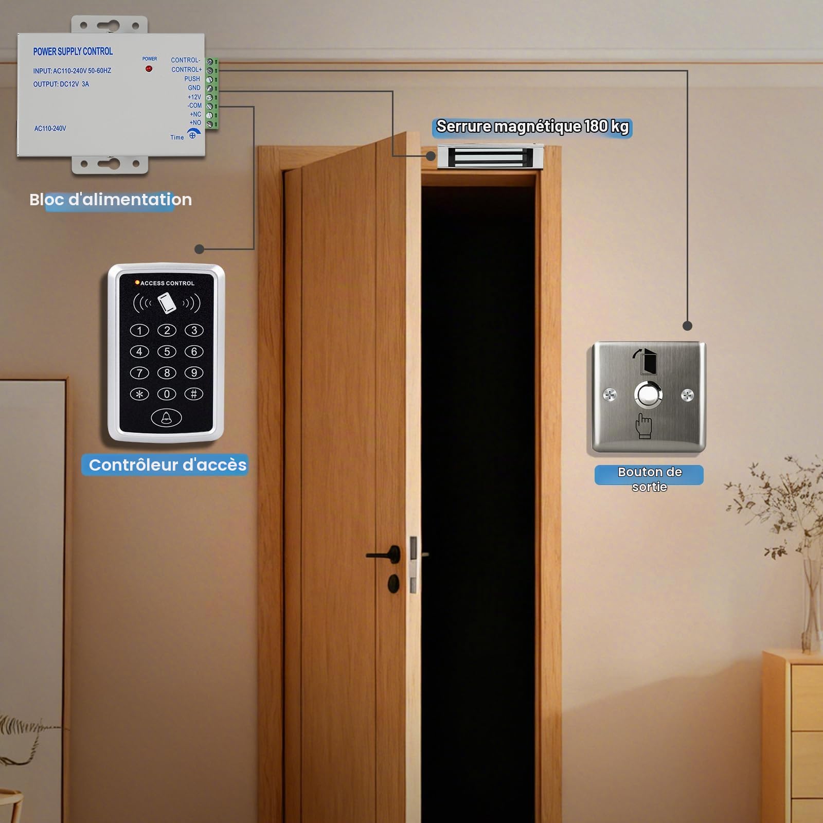 Système d'entrée de Porte avec Clavier de contrôle d'accès étanche, Alimentation DC 12 V, Interrupteur de déverrouillage de Porte, Serrure électrique et Porte-clés RFID 125 kHz