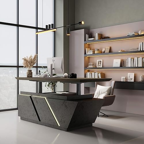 Escritorio ejecutivo en forma de L de altura ajustable con tira de luz LED, diseño trapezoidal invertido negro, incluye armario de almacenamiento