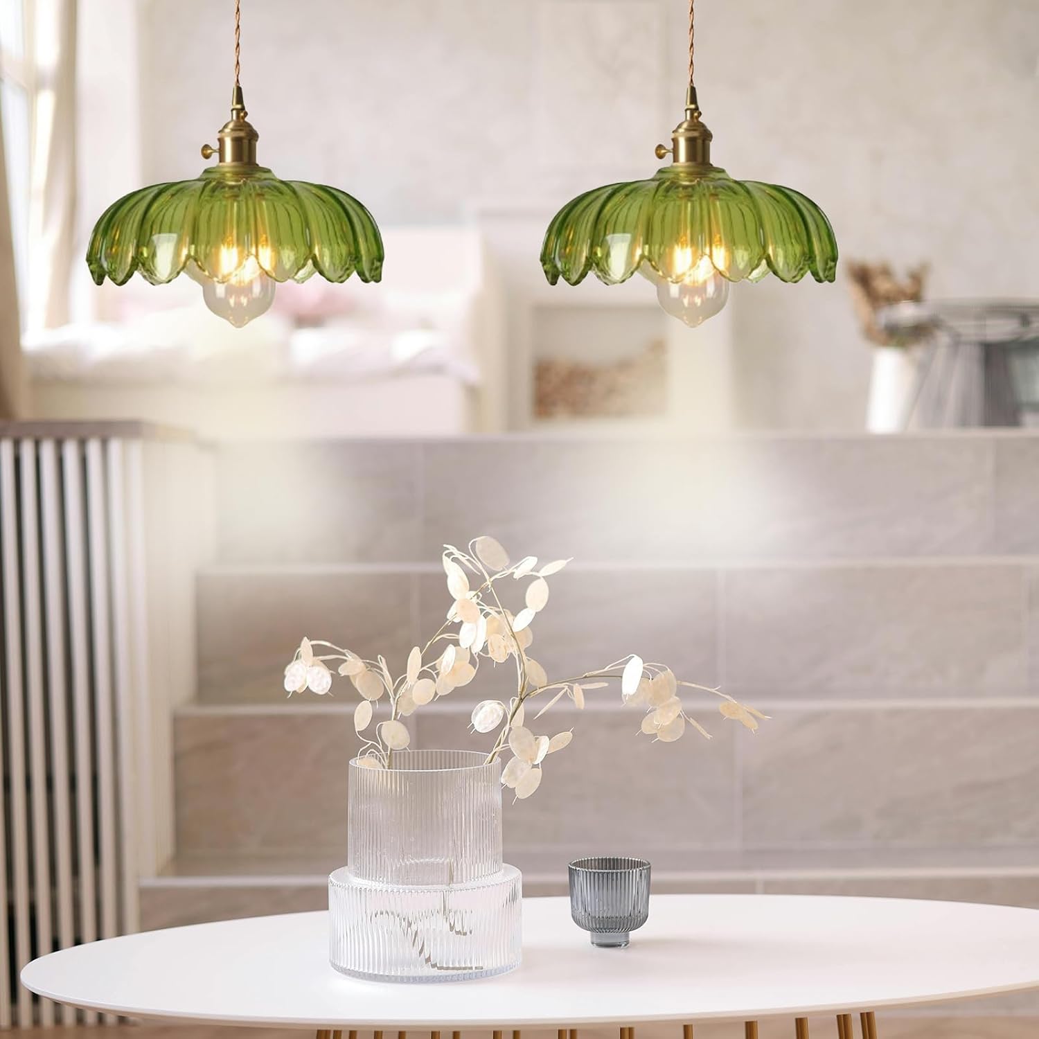 Retro Vintage Green Duty Heavy Glass Pendant Lights Fixtures 9.6 In/245mm Diameter Round Lampshade and Gold Brass with Switch ON/Off Pendant Hanging Lamp for Farmhouse(Green)
