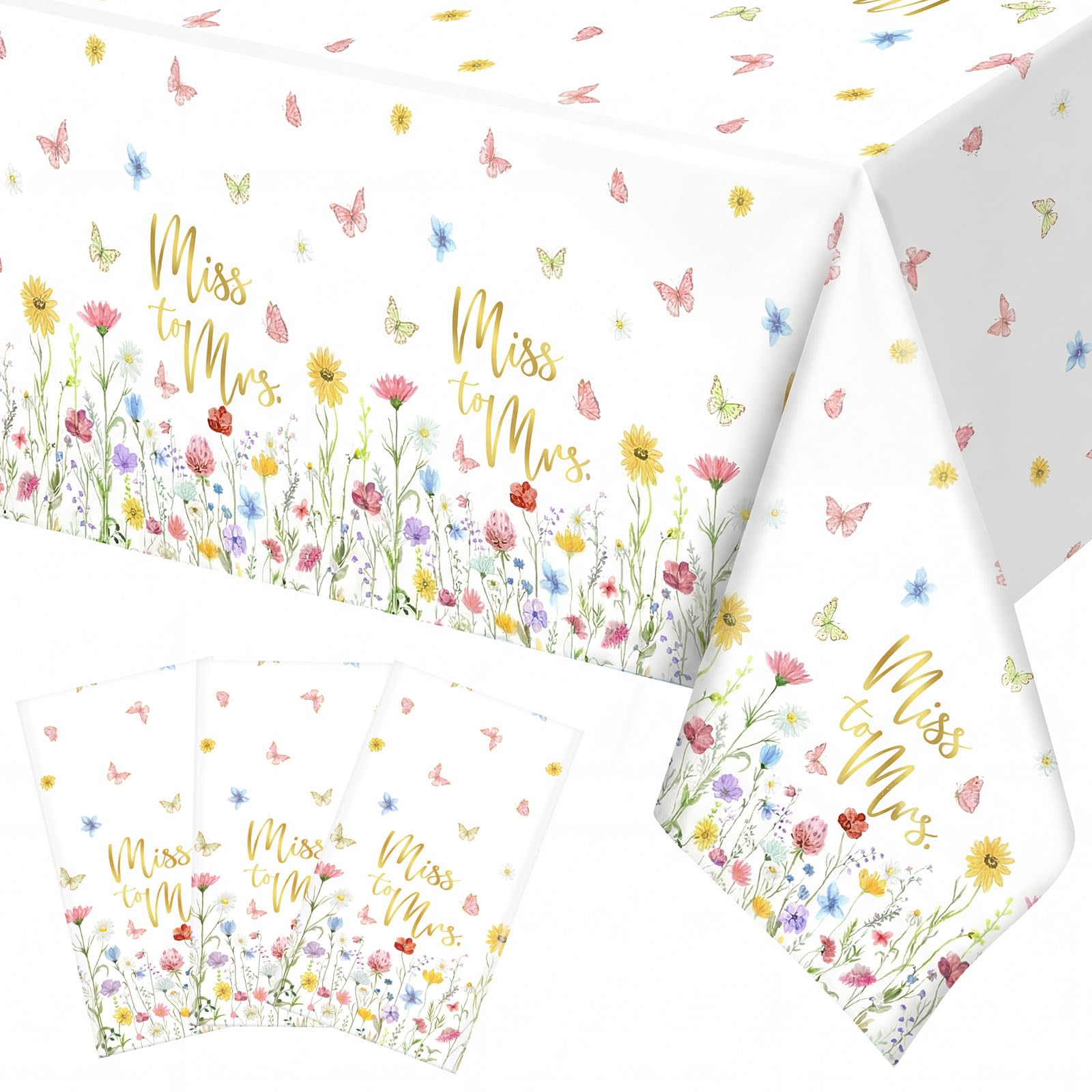Ganeen 3 Pcs Miss to Mrs Tablecloths Disposable Plastic Bridal Shower Table Cloths Gold Floral Rectangle Table Cover Waterproof for Wedding Bridal Shower Engagement Party Decorations, 54 x 108 Inch