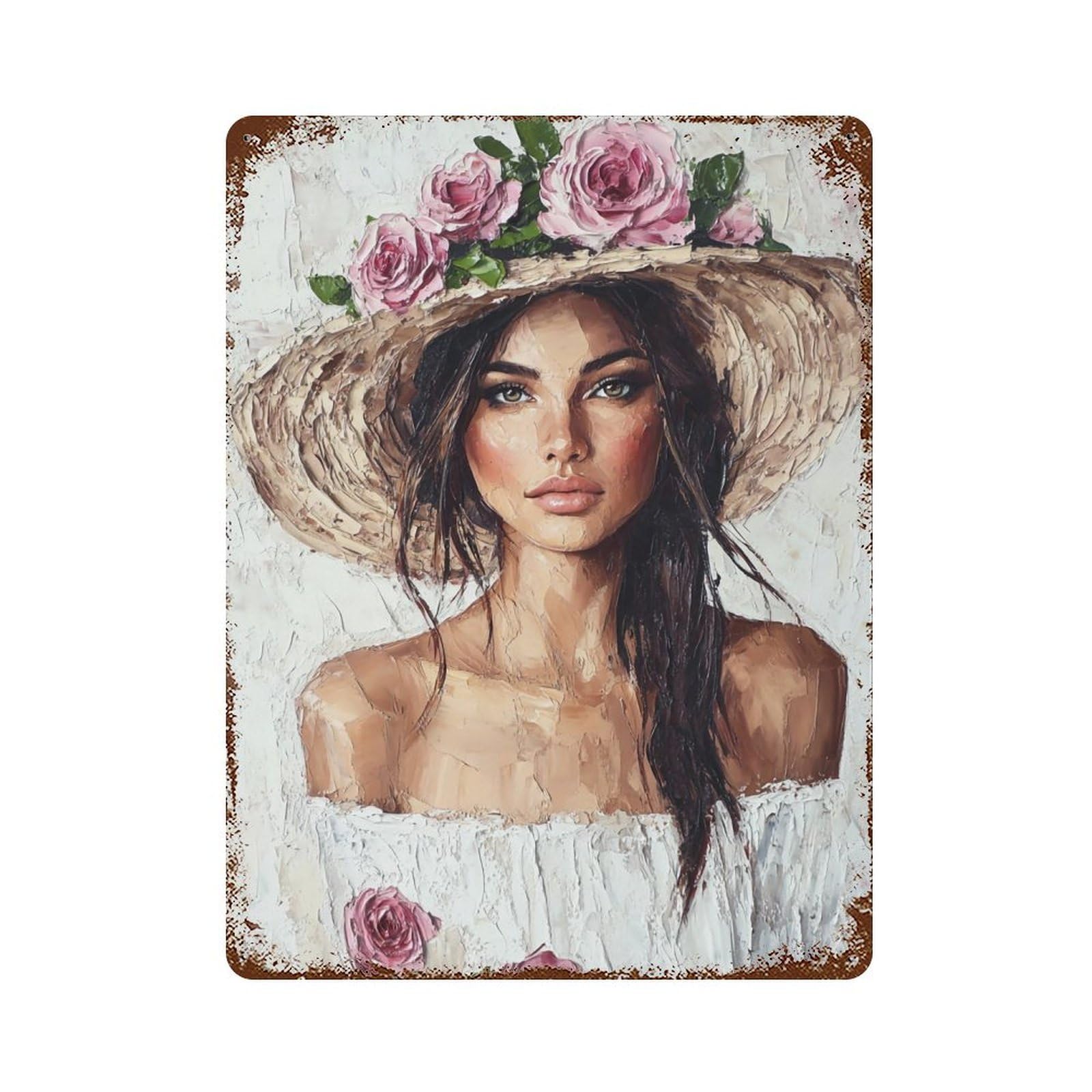 HDURYEYRYY Roses & Straw Hat Portrait 01 Wall Retro Iron Vintage Art Metal Tin Sign Poster Modern Home Cofffee Club Art Bar Shop Decor 40x30cm