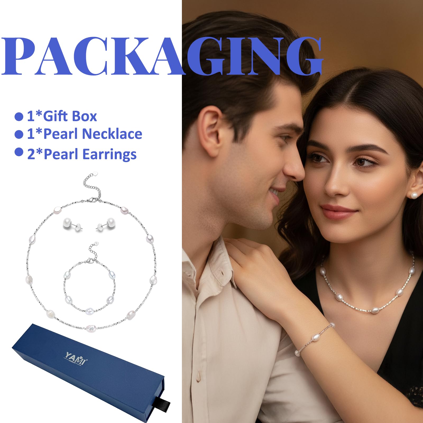 YAMI Barockperlenkette Set mit Bruchsilber Elementen (Halskette+Armband +Ohrringe), 8-9mm Salzwasserperlenkette, Perlenohrringe Silber 925, Perlenschmuck Set Damenschmuck für Jeden Anlass
