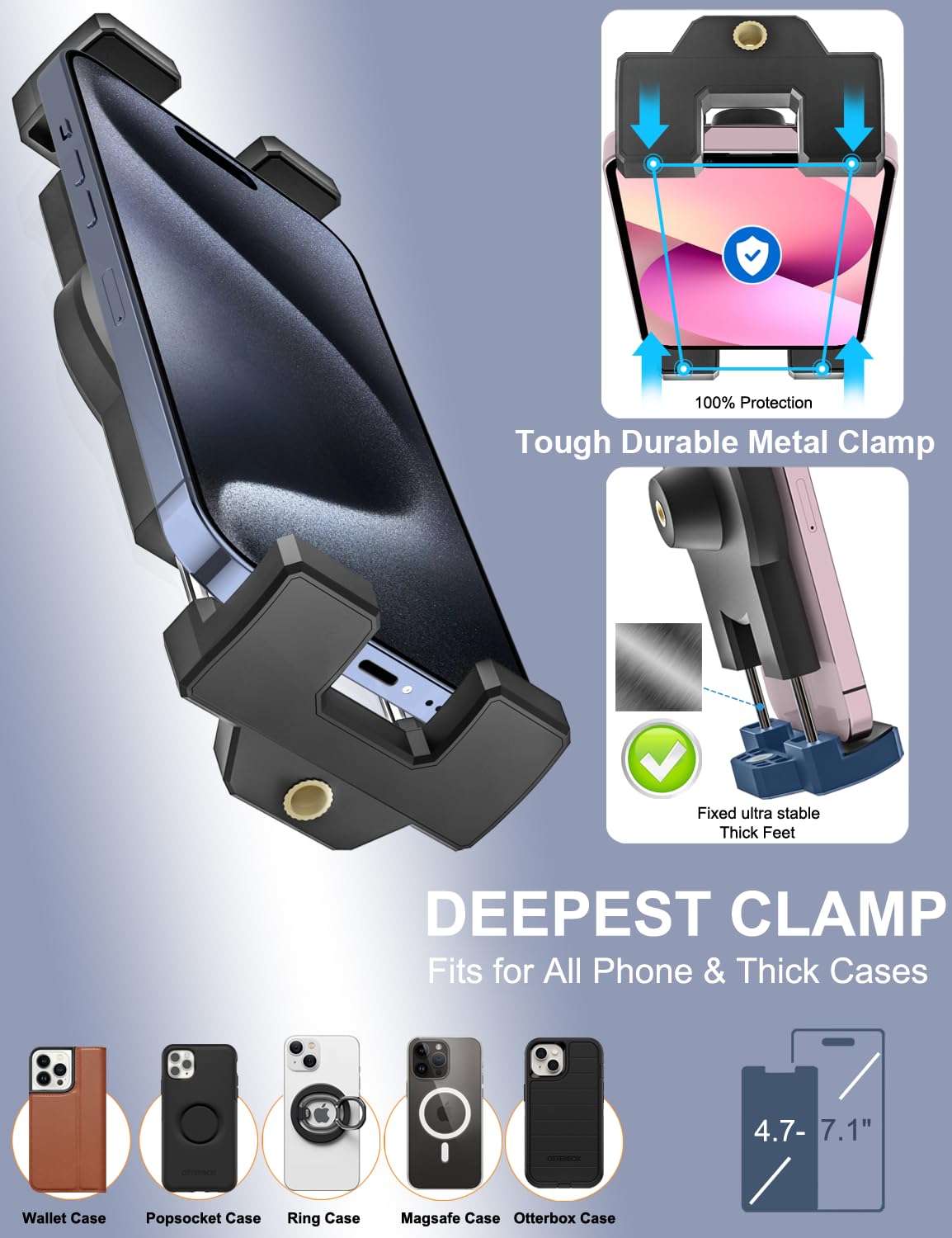 Soporte de teléfono para visera solar para coche [clip de metal de 360°] Soporte universal para teléfono celular, abrazadera universal para volante con adaptador de tornillo de 1/4 pulgadas para