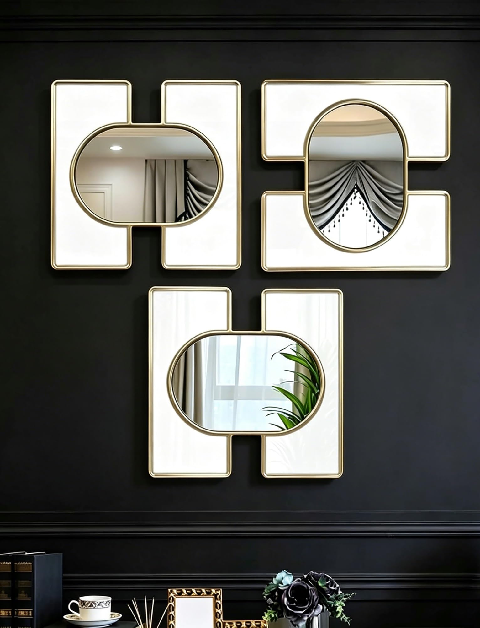 Generico Set di 2 specchi da parete decorativi con cornice dorata di 2 3 4, decorazioni sospese 3D in legno(3packs)
