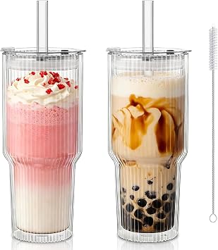 KEMORELA 28 oz Double Wall Glass Tumblers Set of 2, Extra-Wide 13mm Reusable Drinking Straws, Boba Tumbler, Wide-Mouth Water Cups for Iced Coffee, Smoothies, Boba & Tea Lovers Ribbed