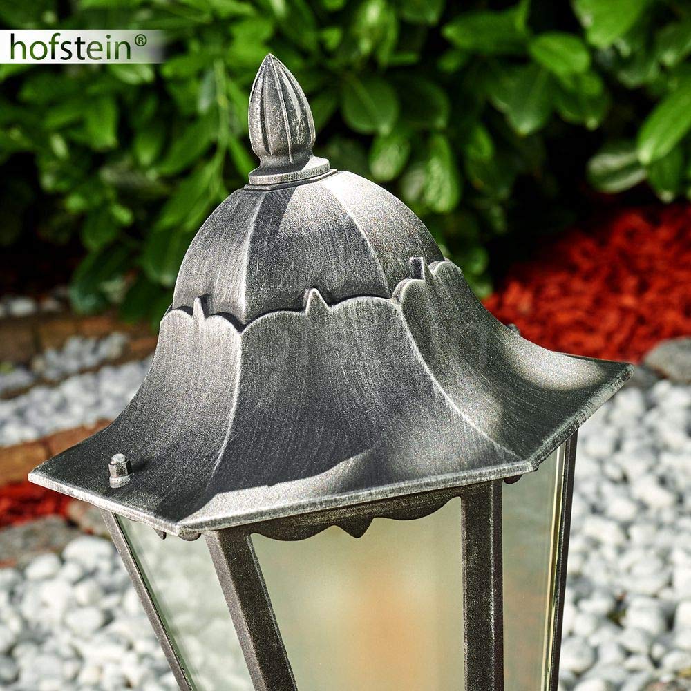 Borne extérieure Lignac, potelet vintage en aluminium moulé noir/argenté et verres dépolis de 74 cm de haut, luminaire pour une ampoule E27, IP44, ampoule(s) non incluse(s)
