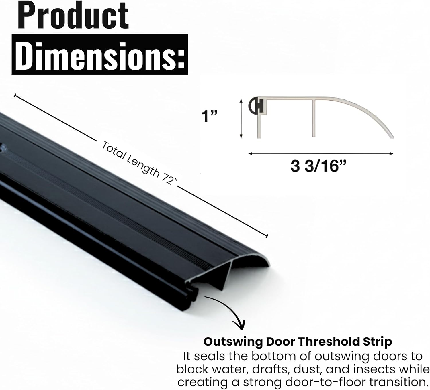 KC Hardware 3-5/16 in. X 1 in. High Profile Aluminum and Vinyl Outswing Door Threshold Strip for Exterior Doors and Doorways - 72 Inch, Black