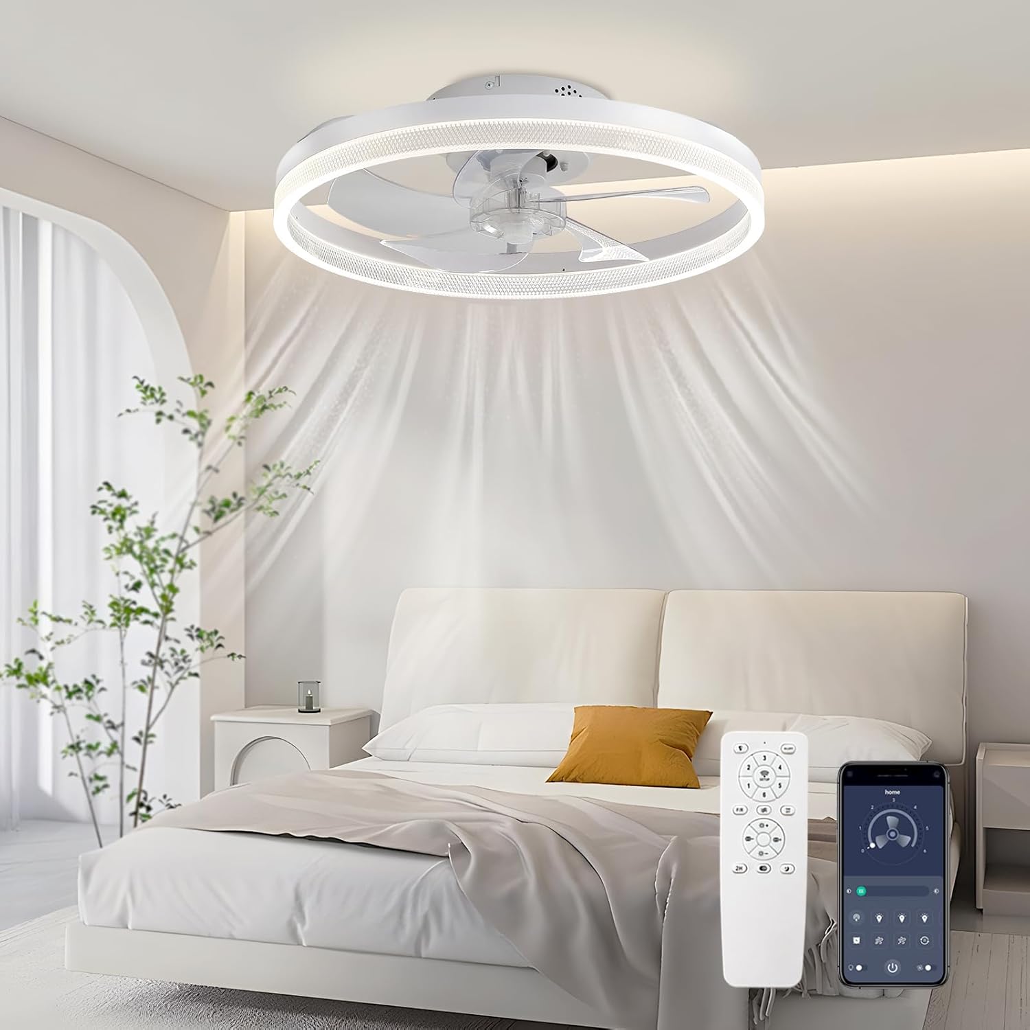 Ultra Low Profile Ceiling Fans with Lights and Remote, 20 Inch Dimmable Bedroom Ceiling Fans with Light and APP,1-6 Wind Speeds with R&F Revesible Smart Flush Mount Ceiling Fans with Lights White