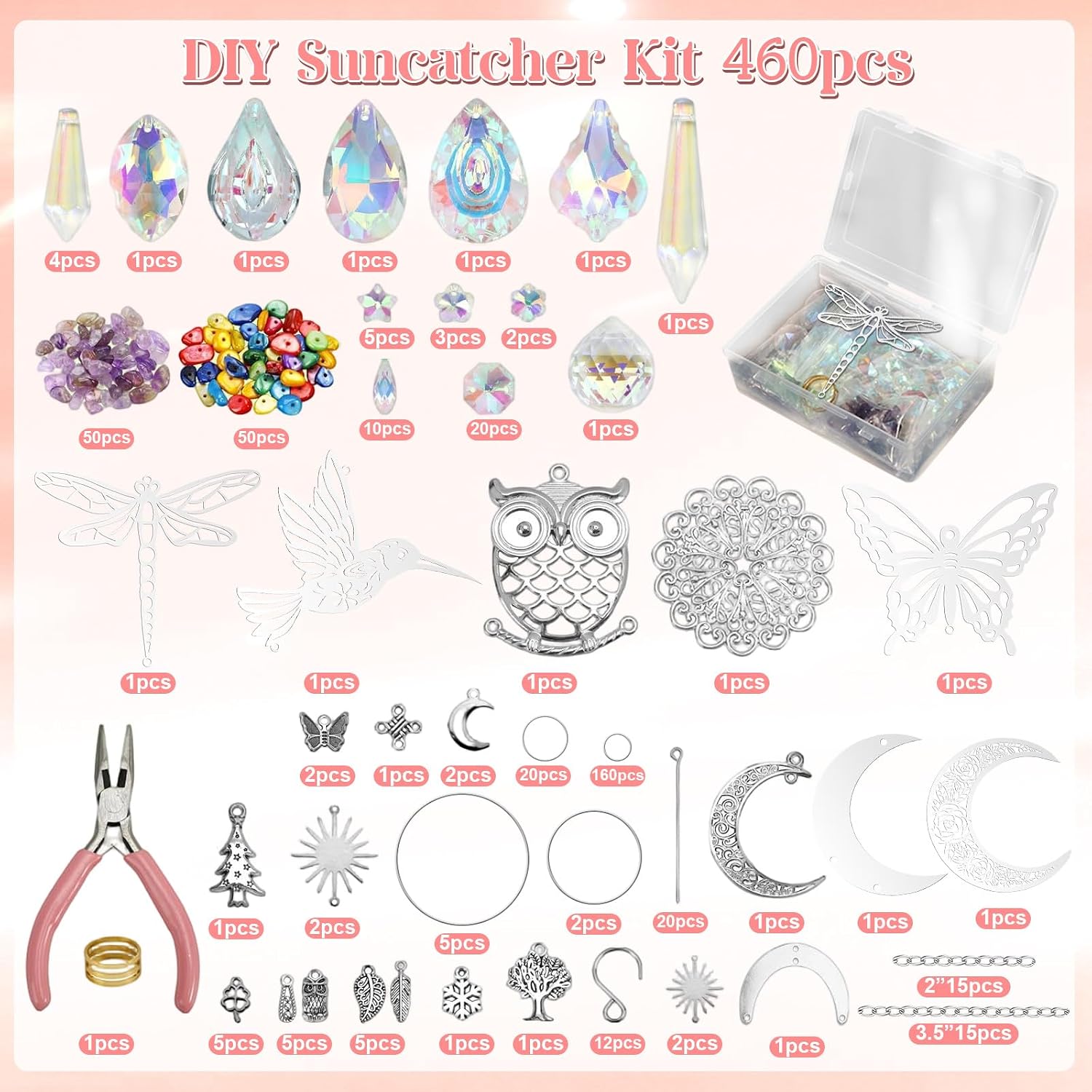Tarklanda 460 PCS DIY Crystal Suncatcher Craft Kit - Rainbow Maker Hanging Sun Catchers with Hooks Chains Colorful Prism Pendants for Window Garden Home Decor Wedding Birthday Gifts