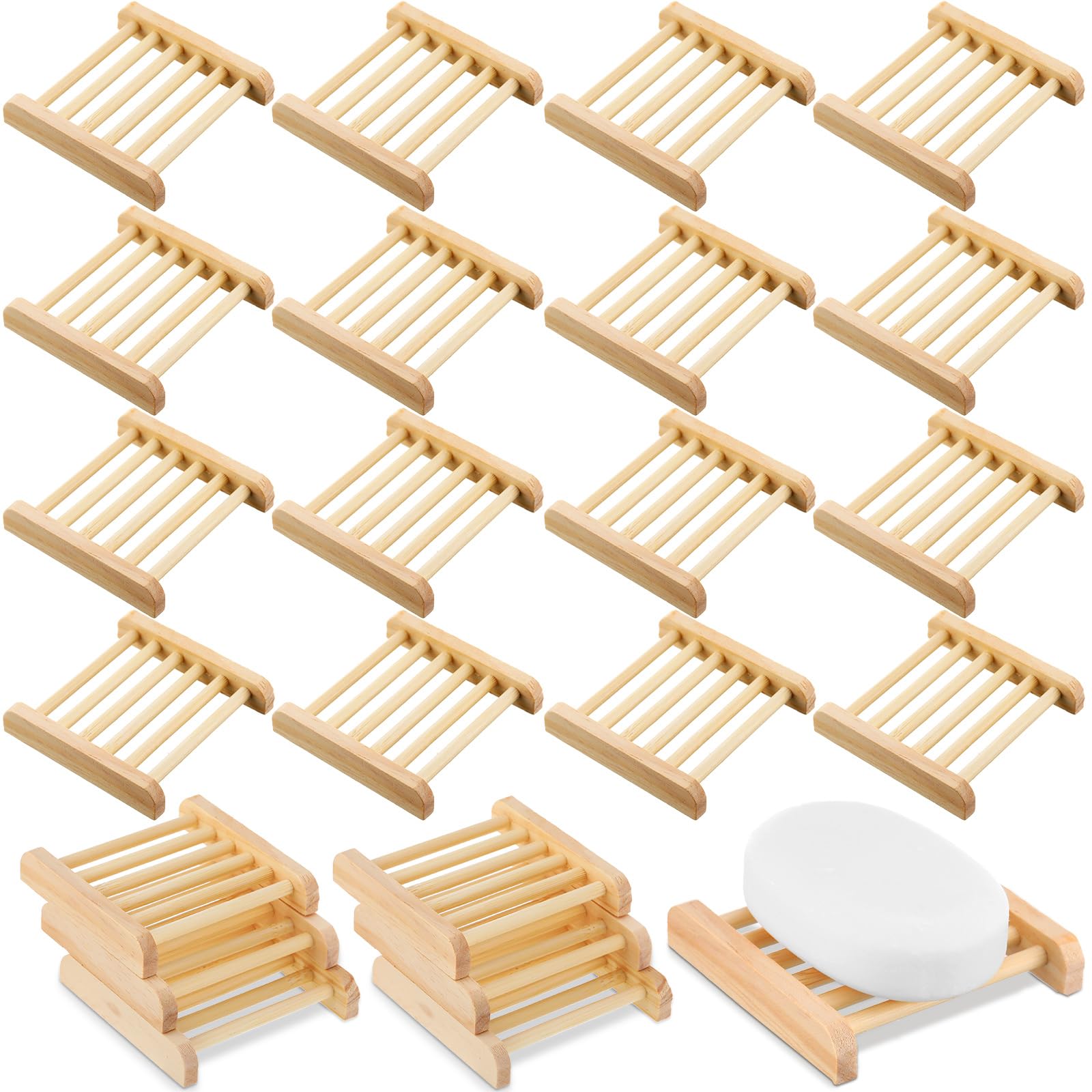 Amyhill 25 jaboneras de madera de bambú a granel para baño, jaboneras de madera para bar, jaboneras autodrenantes, bandeja de jabón de madera, 3.3 x 3.3 x 0.67 pulgadas (color madera)