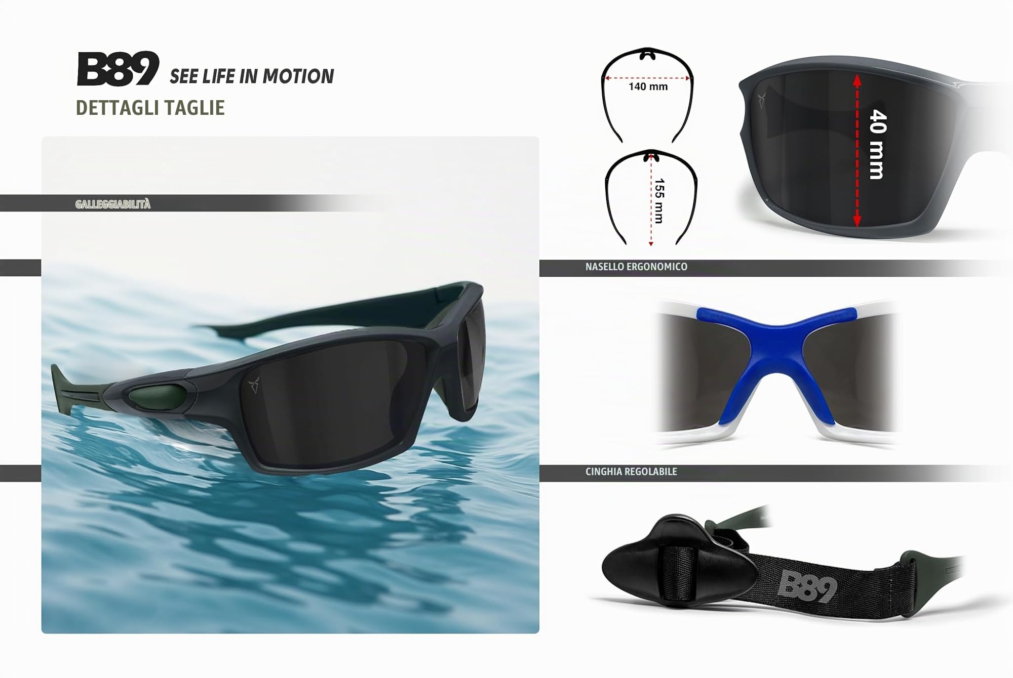 B89 Occhiali Sportivi Polarizzati Antiriflesso Antivento Antiurto per Sci Trekking Beach Volley Watersports Kitesurf Pesca Ciclismo mod. CA Galleggianti