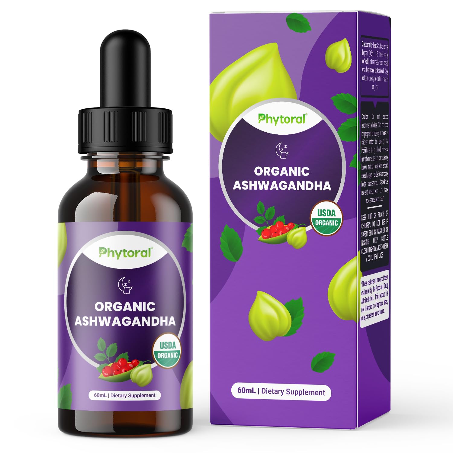 Phytoral Organic Ashwagandha Liquid Drops for Adults - Potent Liquid Ashwagandha Root Extract for Energy and Mood Support - Tincture Vegan Non-GMO Gluten & Alcohol-Free (120 Servings)