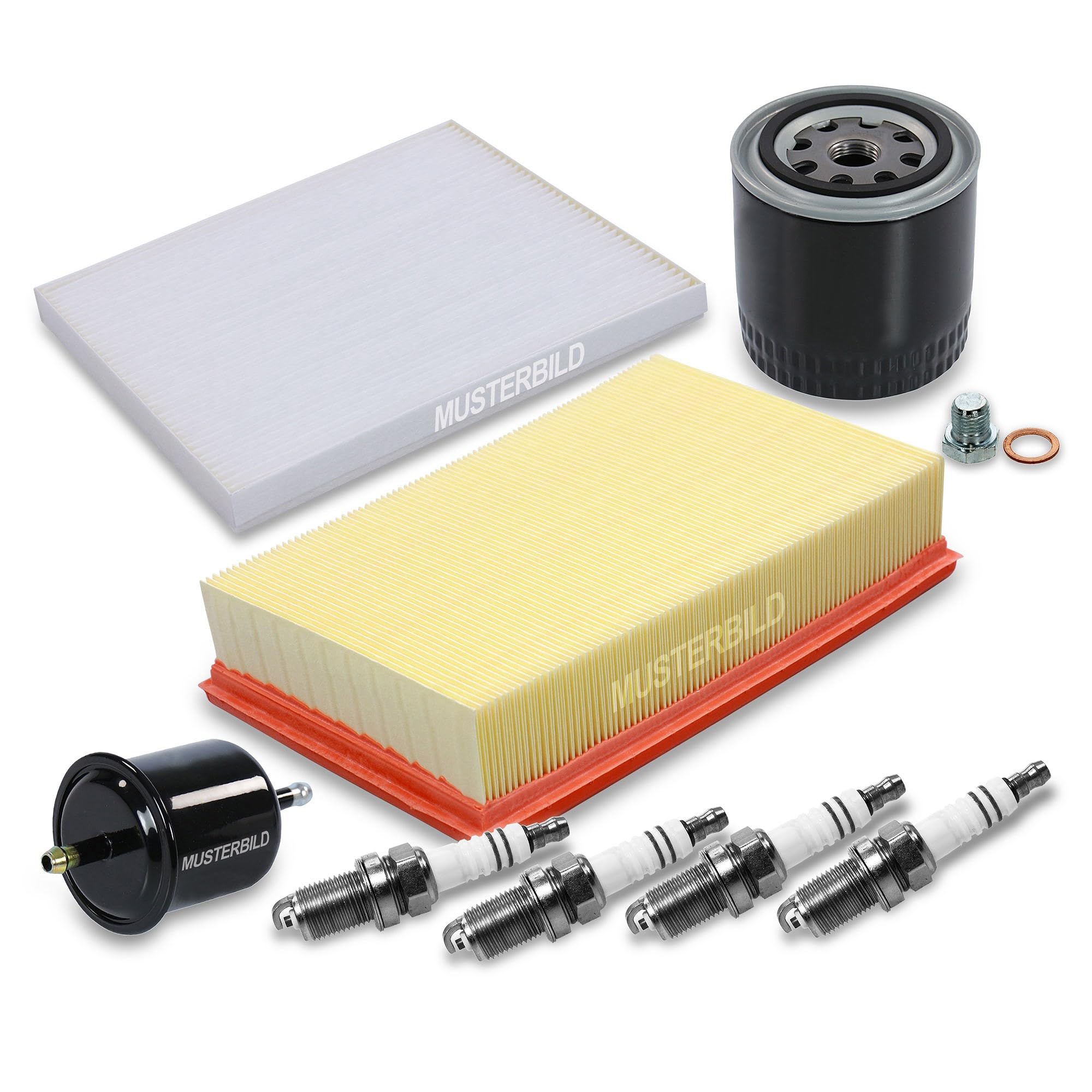 BESTPRICE Paquete de inspección juego de filtros con 1x filtro de aceite,de aire,de habitáculo con carbón activado,de combustible, 4x bujías Super Plus FORD GALAXY I (WGR)
