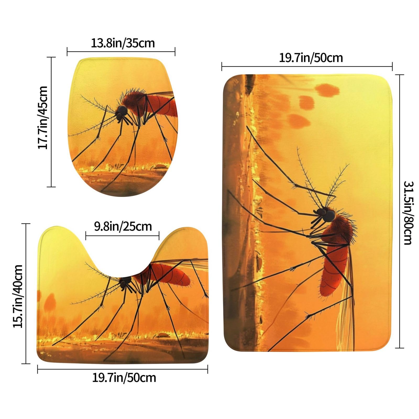 Lot de 3 tapis de bain en mousse à mémoire de forme doux et absorbants en forme de U avec motif de moustique orange, séchage rapide