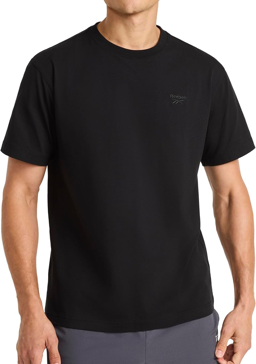 Reebok Men's Short Sleeve Crewneck Embroidered T-Shirt, Standard Fit, Lightweight Stretch Cotton Fabric