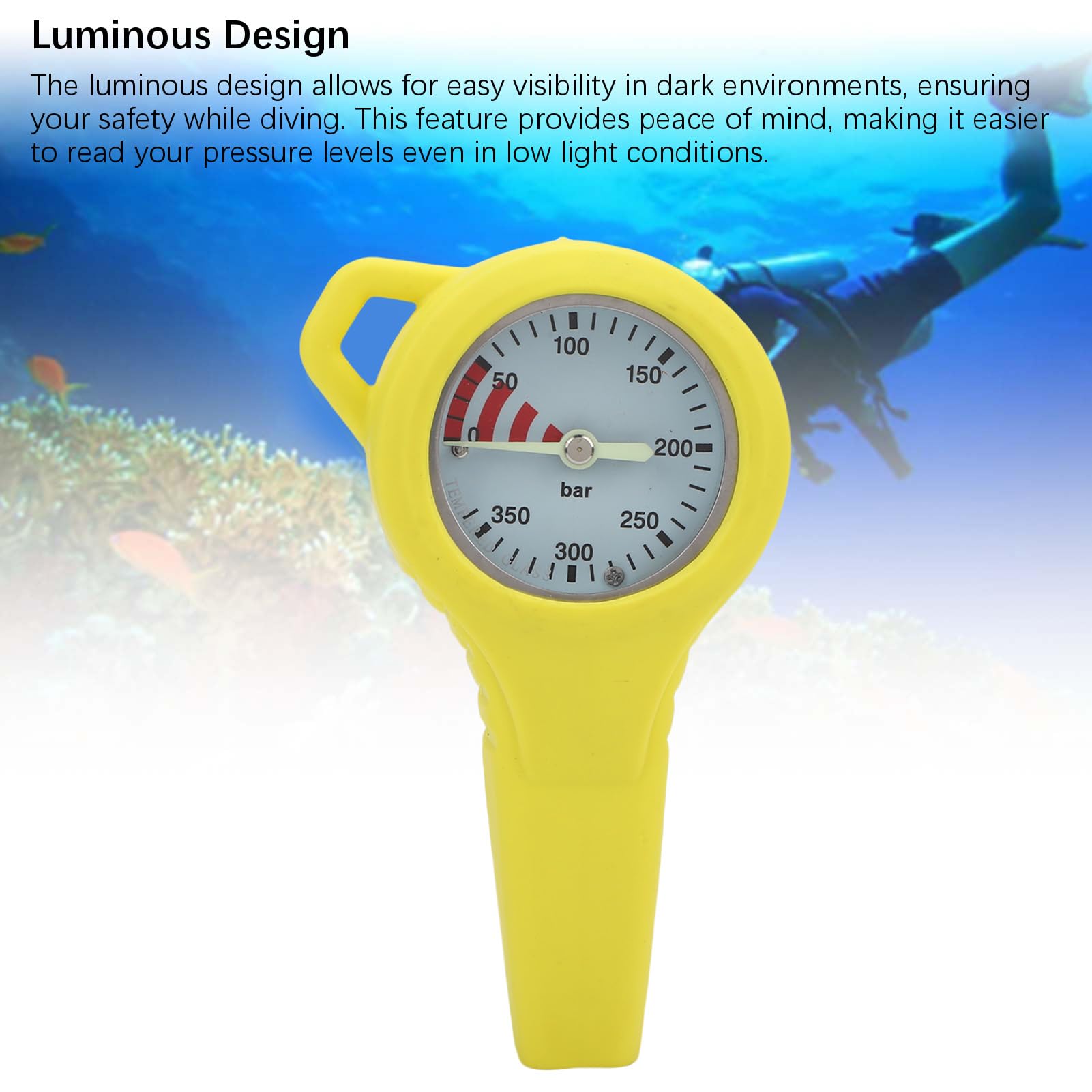 Domary Misuratore di Pressione per Immersione Subacquea Bagliore Notturno con Struttura in Acciaio Resistente per Esperienze di Immersione Sicure 1 unità (Giallo)