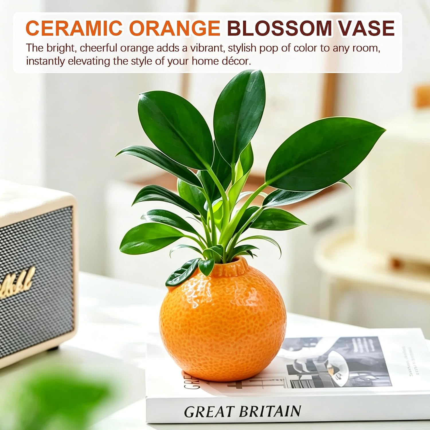 3.74 Inch Ceramic Orange Vase, Cute Tangerine Shape Planter,Suitable for Hydroponics Decorative Ceramic Vase for Living Room, Bookshelf, Office Eclectic Home Decor