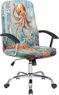 Marine Submarine Octopus Office Chair Cover, Undersea Coral Starfish Retro Universal Stretch Desk Rotating Chair Slipcovers, Removable Seat Protector with Zipper, M