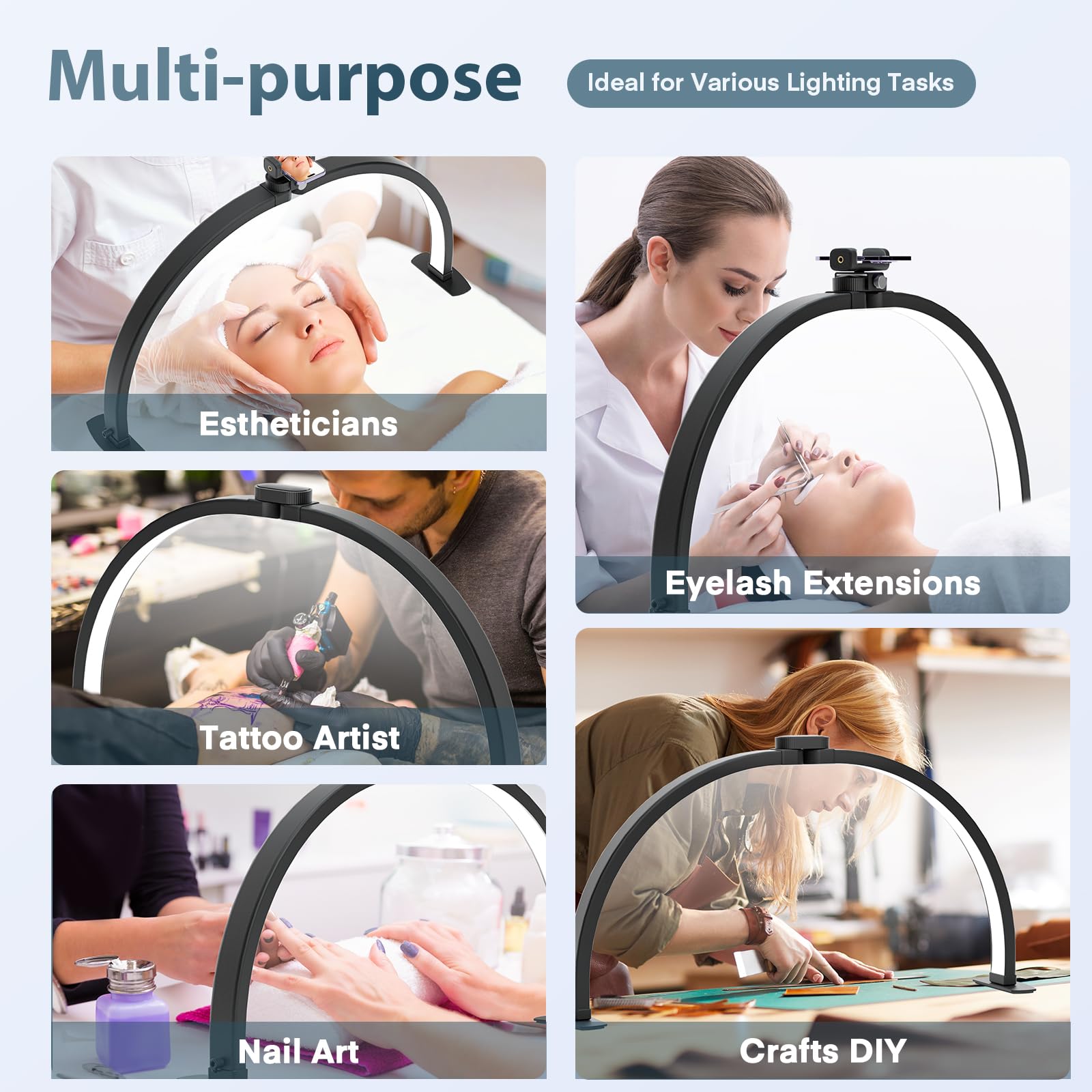 TopDirect Lampara Media Luna, 29" 42W LáMpara De Escritorio De UñAs con Soporte para Teléfono Móvil, LED Professional Nail Light Lash Light, Luz de Pestañas para SPA Facial Manicura (Negro,73cm)